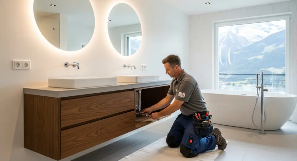 Sanitärinstallateur bei der Arbeit im Badezimmer