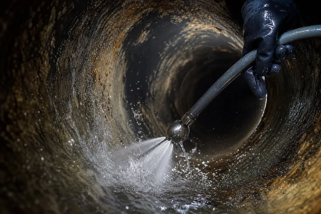 Hochdruckdüse an einem Schlauch reinigt ein Abflussrohr mit kräftigem Wasserstrahl
