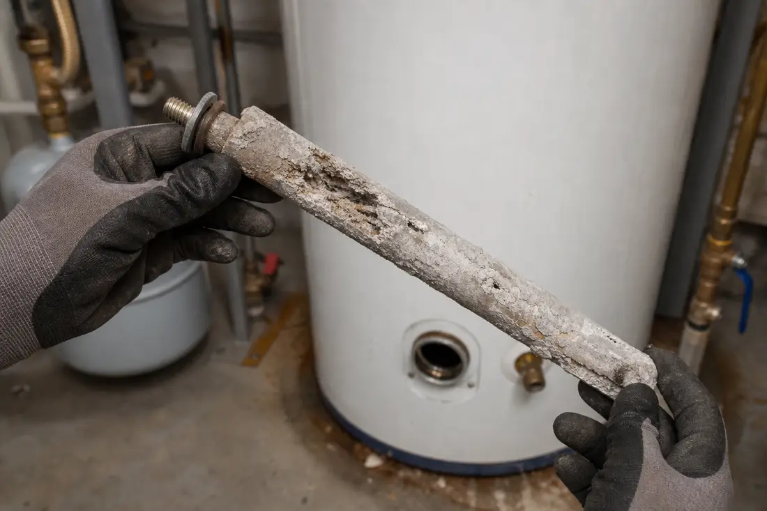 Sanitärinstallateur prüft die ausgebaute Magnesiumanode eines Warmwasserboilers