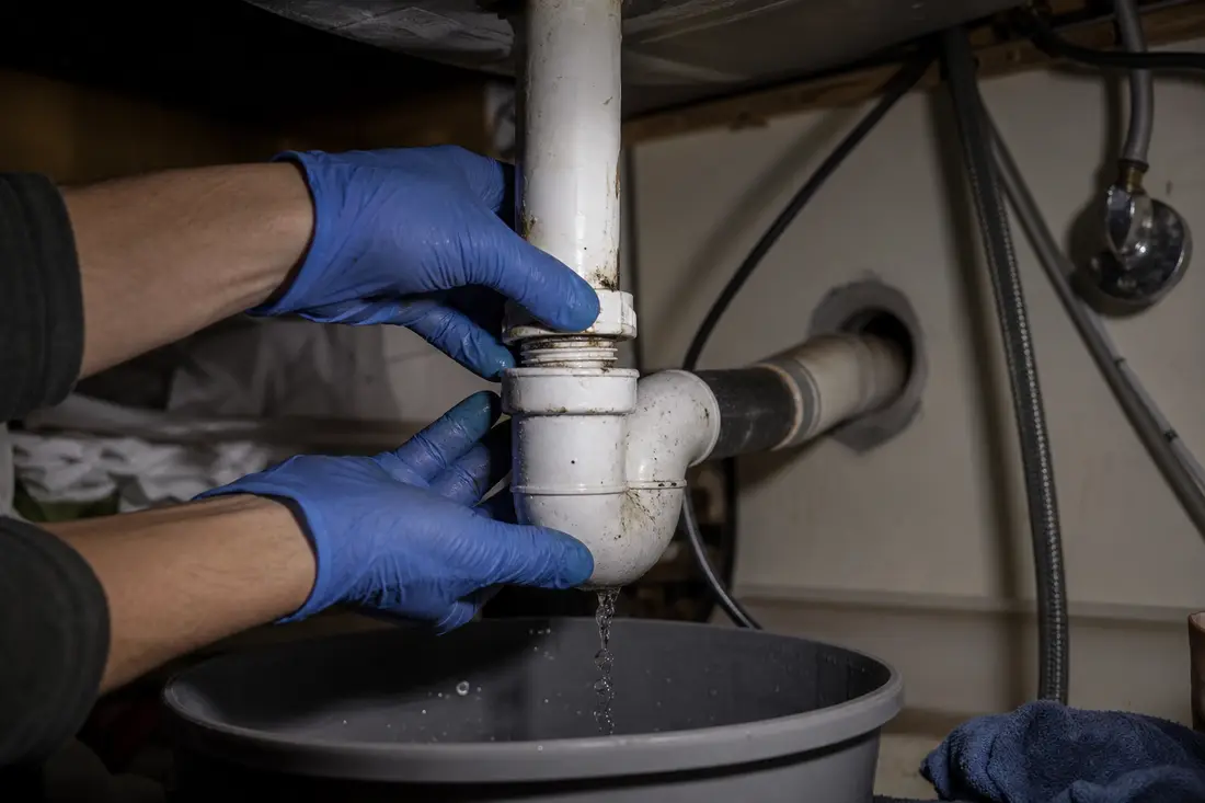 Behandschuhte Hände demontieren den Siphon unter einer Küchenspüle und fangen das Wasser in einem Eimer auf