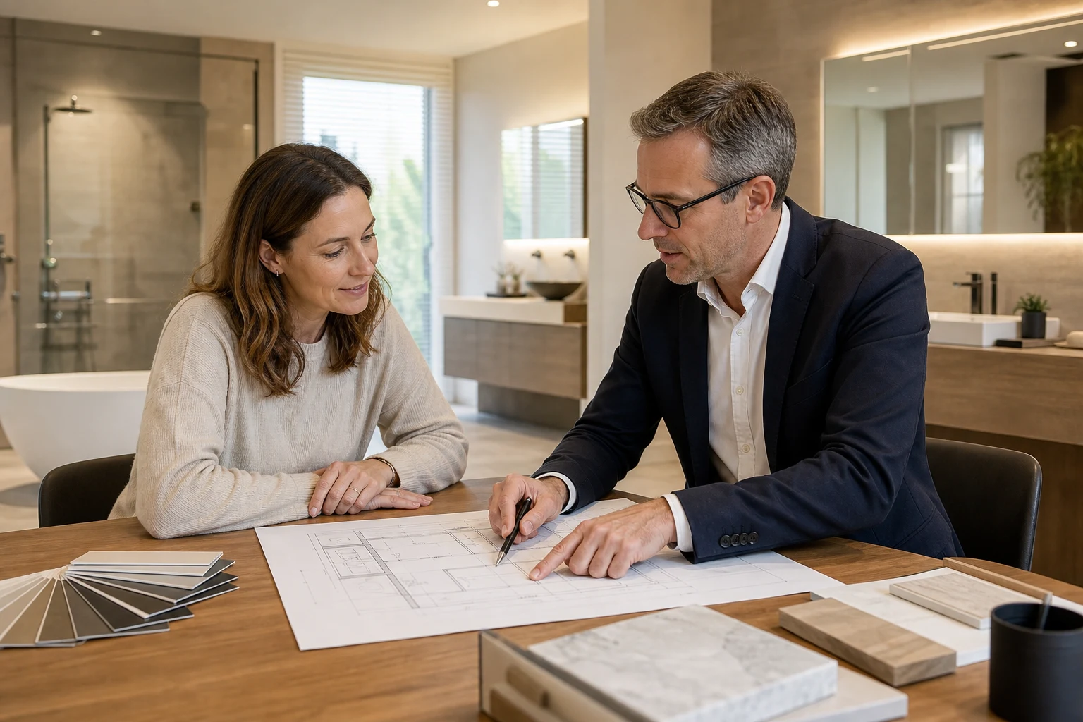 Eigentümerin und Sanitärplaner besprechen eine Badrenovierung an einem Tisch